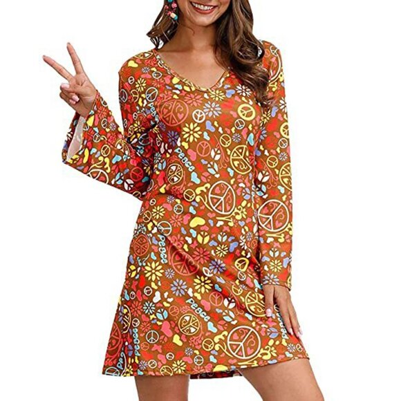 Spirit Hippie Retro 1970's Adult's Disco Dress Peace Multicolored -L/M - Picture 1 of 9